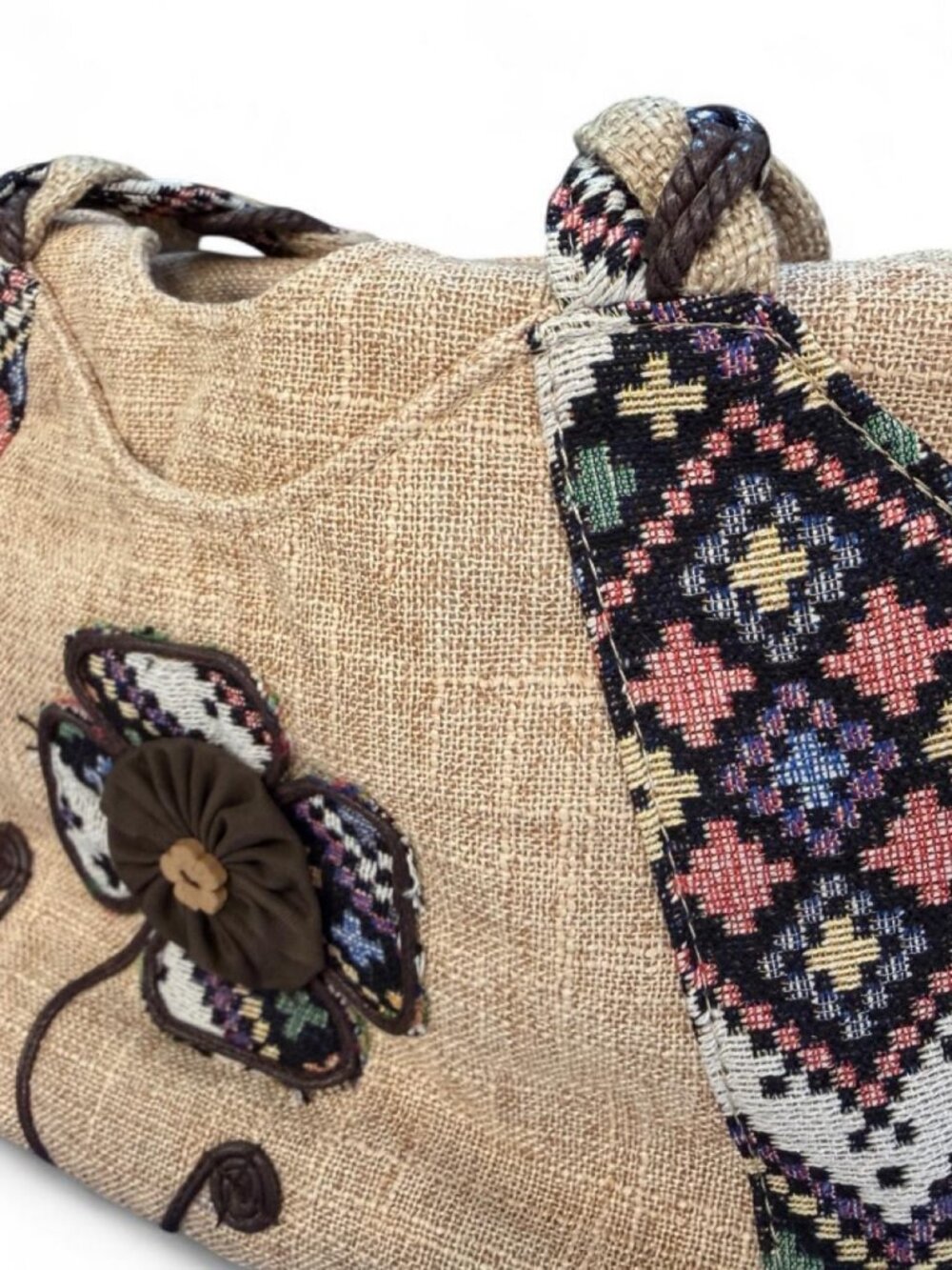 Boho Woven Burlap Handbag Tribal Flower Appliqué